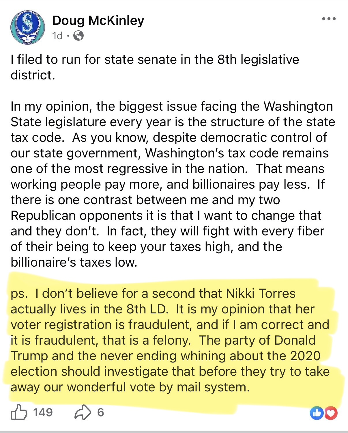 Facebook post by Doug McKinley questioning Nikki Torres's residency