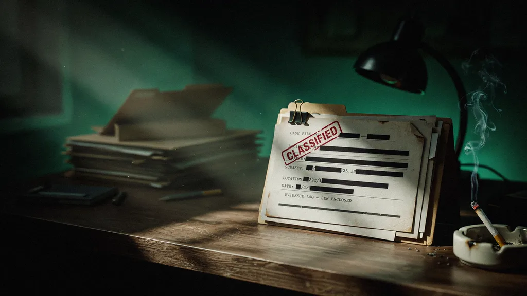 A redacted, stamped classified case file lit by a flashlight beam in the dark